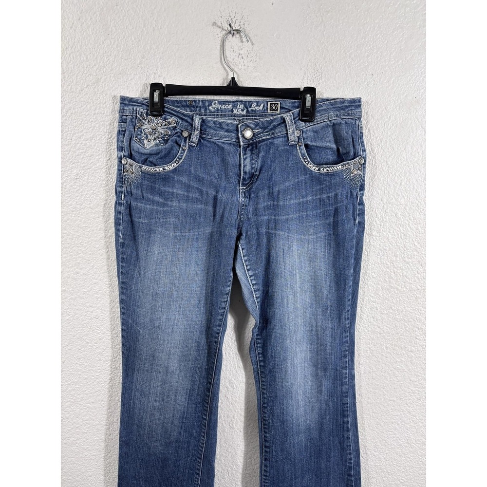 Grace In LA Jeans Size 13/30 Blue Straight Rhinestone Embroidered Embellished